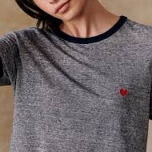 NWT Sezane Valentina Linen T-Shirt With Heart Logo Sz XS Ecru Navy